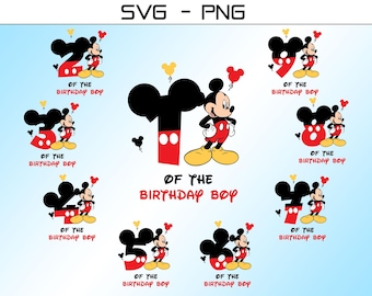 Pacchetto PNG SVG compleanno ragazzo, pacchetto famiglia Compleanno ragazzo Png, Topo del ragazzo compleanno Svg, Numeri compleanno Svg, 1° compleanno Svg