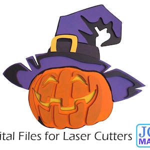 May include: A layered, orange pumpkin with a carved jack-o'-lantern face wearing a purple witch's hat with a black brim. The hat has a black silhouette of a witch's hat on the top.
