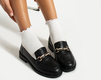 Classic Black Vegan Leather Penny Loafer Women Buckle Detail, Women’s Black Leather Loafer and Moccasins, Casual Black Vegan Leather Loafers