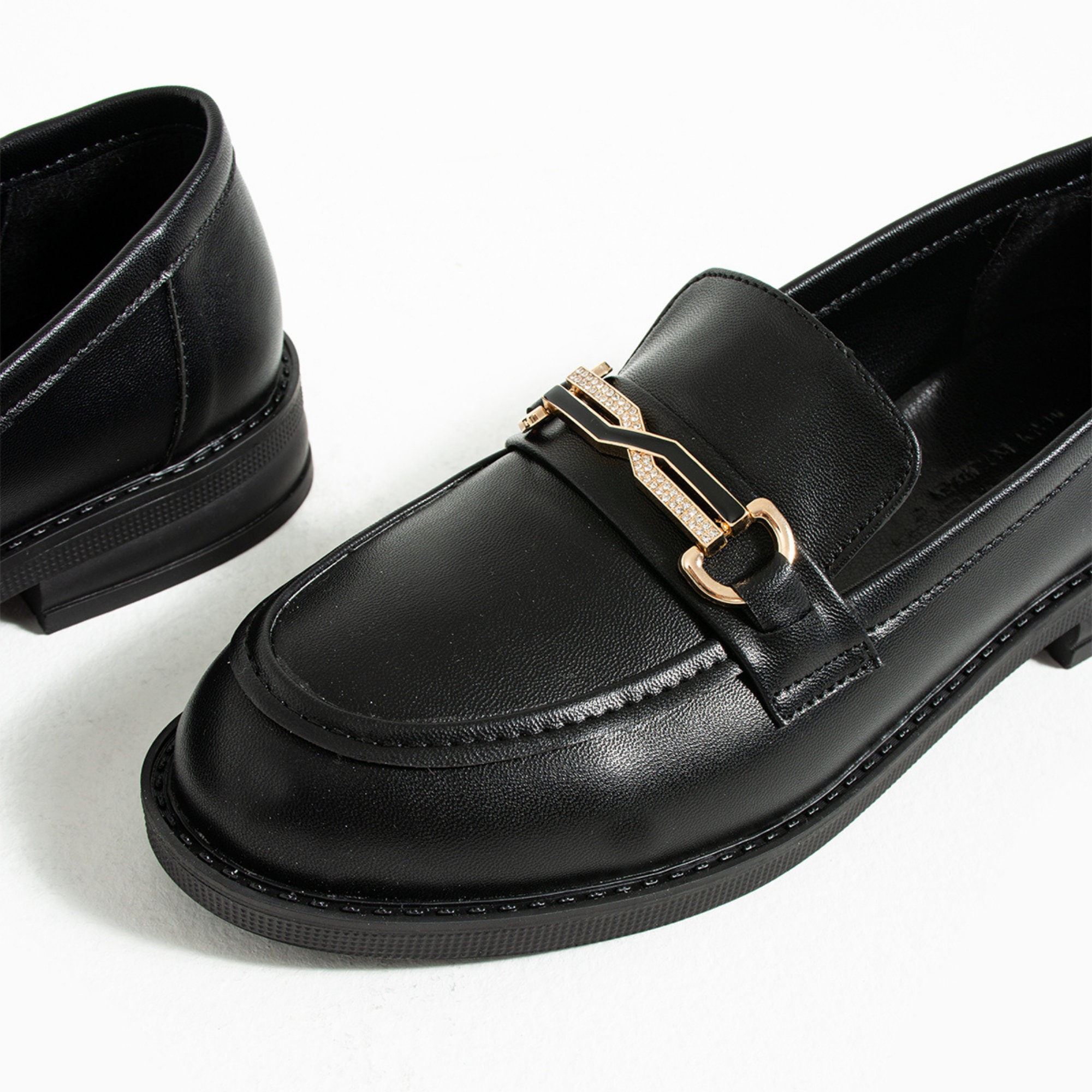 Classic Black Vegan Leather Penny Loafer Women Buckle Detail 