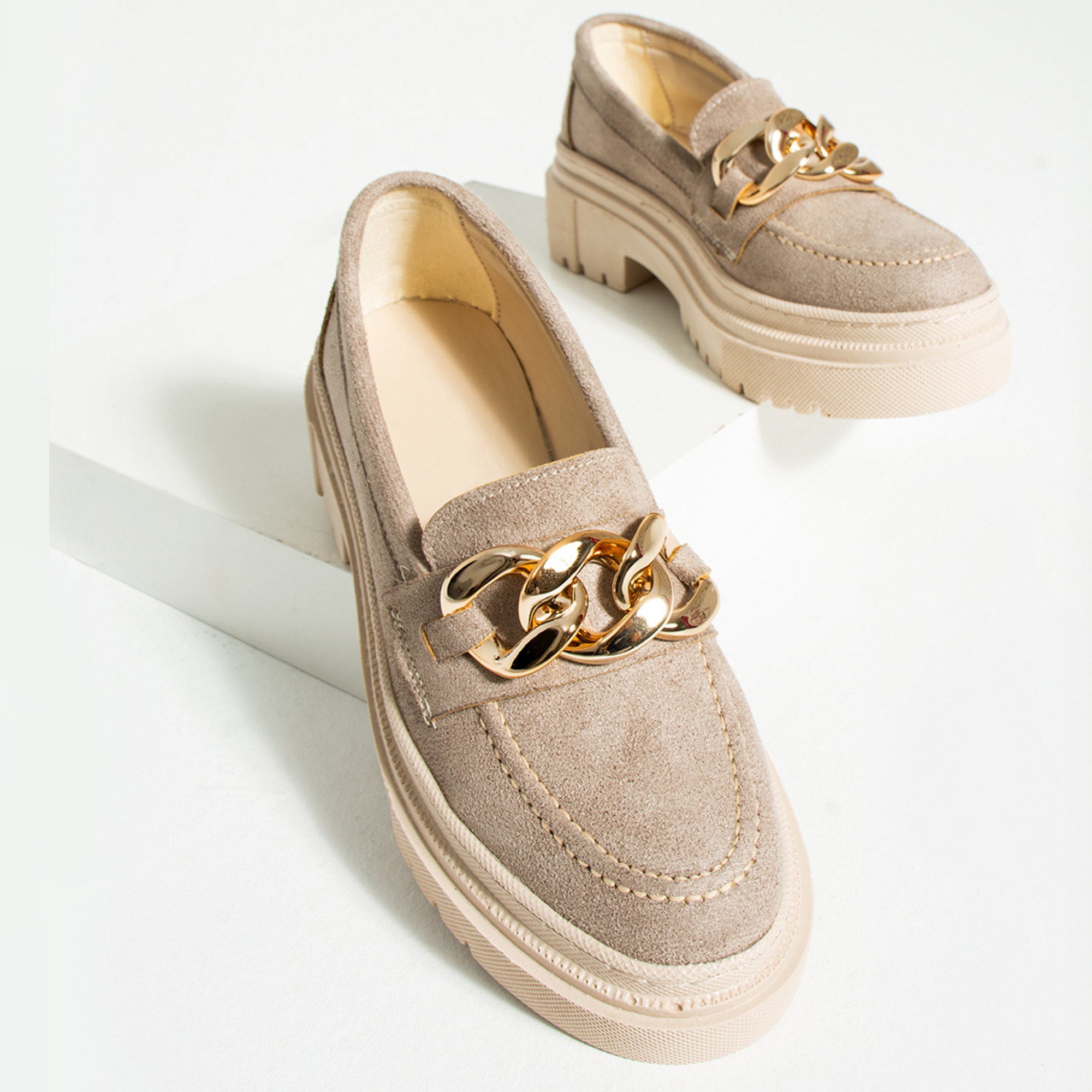 Platform Loafer Beige Suede Women With Gold Chain Accessory