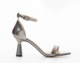 Handmade Metallic Gray Leather Ankle Strap Heels for Women