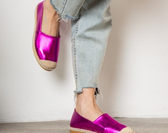 Women's Pink Espadrilles, Handmade Metallic Pink Vegan Leather Espadrilles, Pink Metallic Shoes