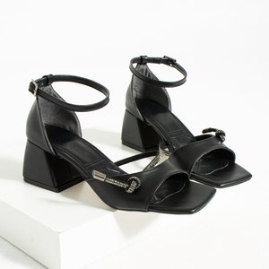 Black Bridal Shoes, Black Wedding Heels, Bridesmaid Black Block Heels, Ankle Strap Shoes, Women&#39;s Shiny Black Shoes, Fairy Shoes