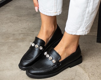 Black Vegan Leather Loafers with Rhinestone Detail
