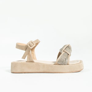 Women&#39;s Ivory Suede Platform Sandals, Beige Suede Platform Sandals with Sparkling Detail, Beige Suede Wedding Platform Shoes for Brides