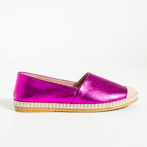 Shiny Metallic Pink Handmade Espadrilles Women, Shiny Pink Leather Espadrilles, Pink Espadrilles for Women