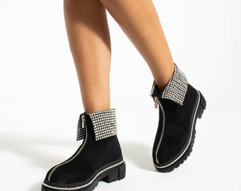 Black Suede Ankle Boots, Shiny Zipper Detailed Black Boots, Chic Boots for Women, Silver Rhinestone Suede Shoes, Black Suede Boots