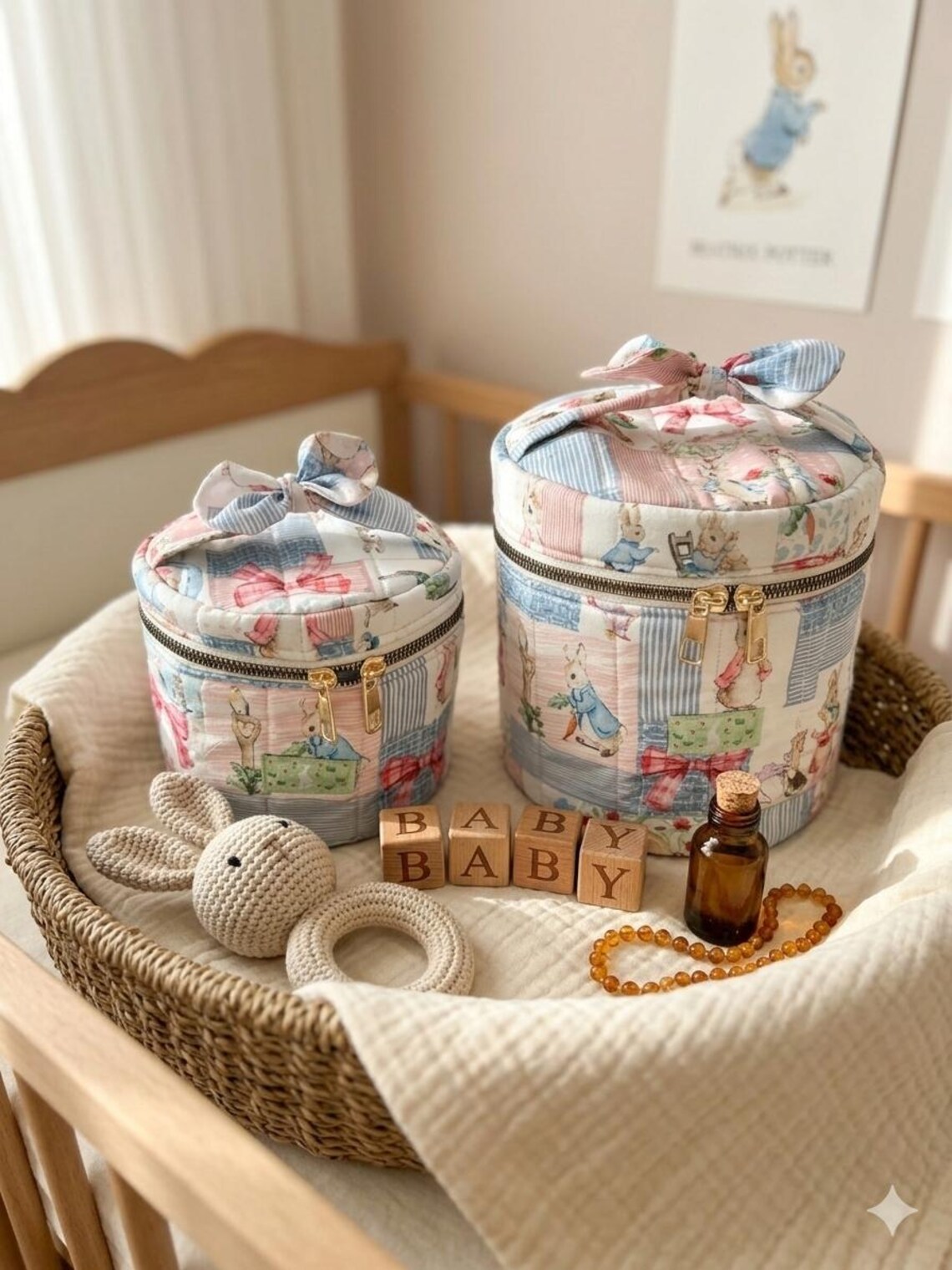 Rabbit Ruller Vanity Peter Rabbit Quilted Vanity Case Pouch, Nursery Decor, Cylindrical ...