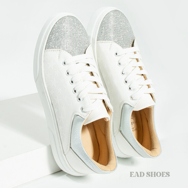 Handmade White Silver Glitter Vegan Leather Sneakers With Star Etsy UK