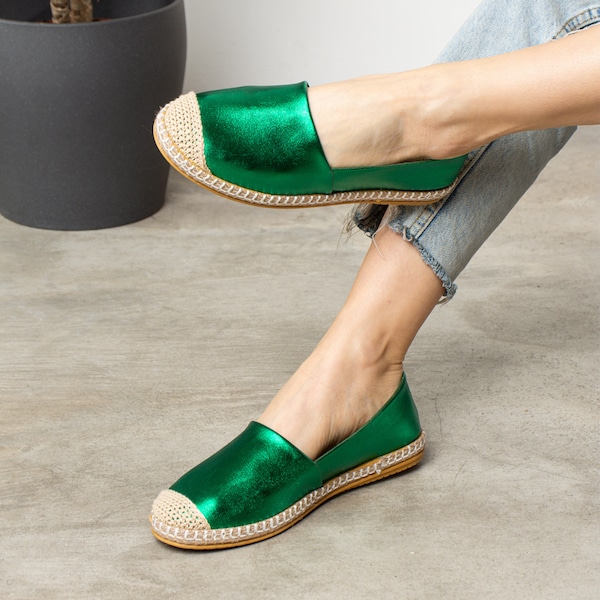 Women's Green Espadrilles, Handmade Metallic Green Vegan Leather Espadrilles, Green Metallic Shoes