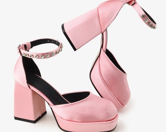 Fairy Pink Ankle Strap Platform Heels Wedding Shoes, Bride’s Close Toe Block Heel Platform  Sandal, Pink Ankle Strap  Satin Sandals