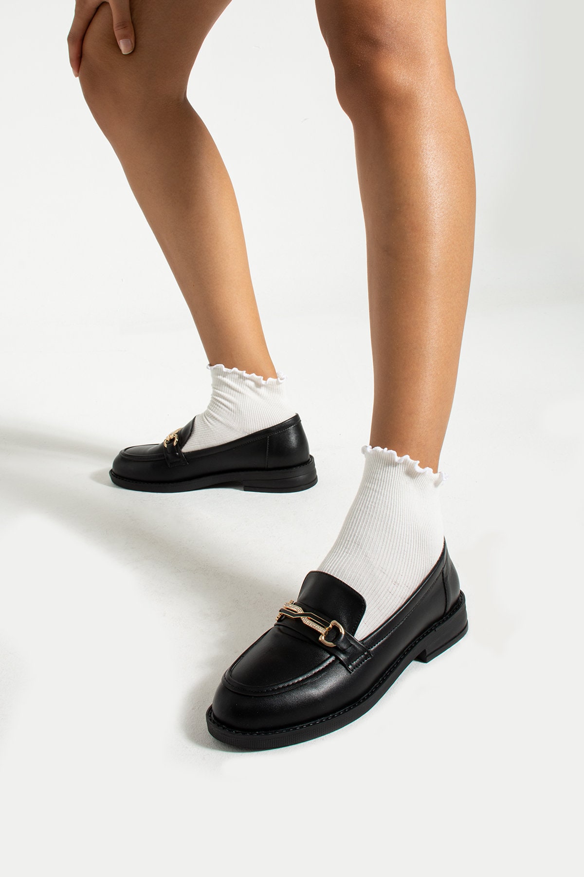Classic Black Vegan Leather Penny Loafer Women Buckle Detail  display picture 1