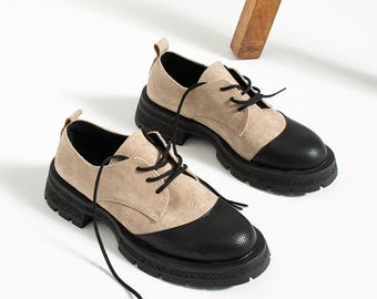 Black Leather Beige Suede Blucher Lace up Oxfords for Women, Handmade Vegan Leather Lace Up Classic Platform Loafers Women, Bluchers Women
