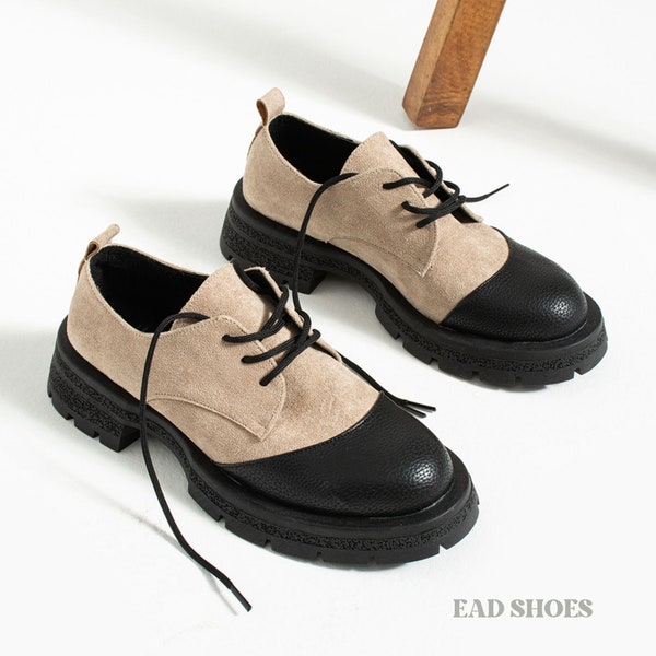 Beige Suede Platform Blucher Lace up Oxfords for Women, Handmade Vegan Leather Black and Beige Classic Platform Loafer