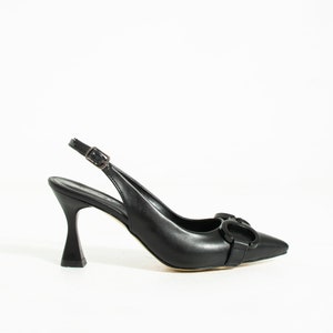 Women&#39;s Black Pointed Toe Pumps, Black Ankle Strap Heels, Classic Black Heels, Black Leather Pointed Toe Heels