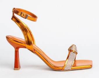 Orange Open Heels for Women, Open Toe Ankle Strap Mid-Heels with Sparkle Accessory, Metallic Orange Comfort Mid Heels