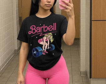 Barbell Barbie Gym T-Shirt – Funny Weightlifting Graphic, Strong Women Workout