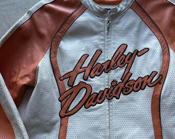 Vintage Y2K Harley Davidson Orange Leather Motorcycle Jacket