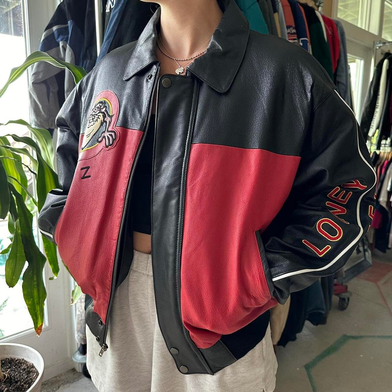 Rare Vintage '98 Taz Leather Bomber Jacket - Etsy Rare Vintage '98 Taz Leather Bomber Jacket - Etsy