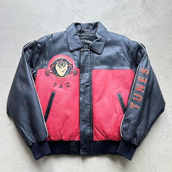 Rare Vintage '98 Taz Leather Bomber Jacket - Etsy Rare Vintage '98 Taz Leather Bomber Jacket - Etsy