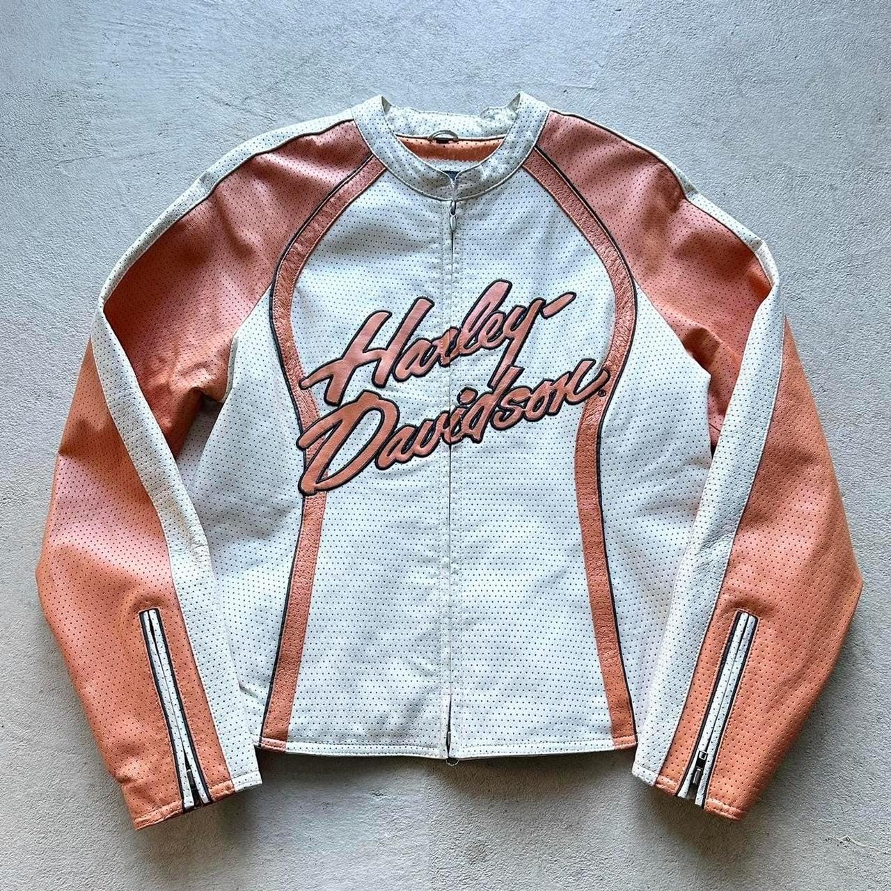 Vintage Y2K Harley Davidson Orange Leather Motorcycle Jacket