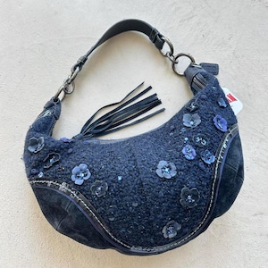Vintage Y2K Coach Flower Navy Wool Croissant Shoulder Bag