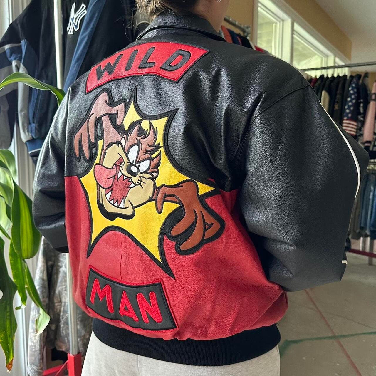Rare Vintage '98 Taz Leather Bomber Jacket - Etsy Rare Vintage '98 Taz Leather Bomber Jacket - Etsy