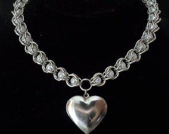 chainmaille pearl stainless steel heart opening locket choker necklace goth alternative aesthetic jewellery accessories alt chain bulky