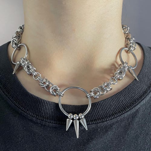THORN. Chainmail Spike O Ring Necklace Stainless Steel. Metal Goth