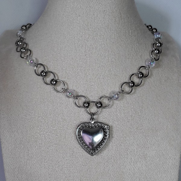 adjustable length and stainless steel heart locket choker necklace. goth alternative aesthetic outfit jewellery accessories alt chainmail.