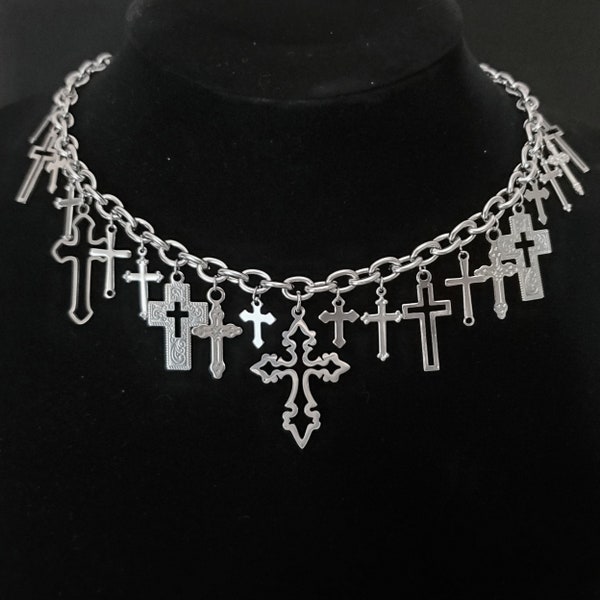HILL OF CROSSES / gothic alternative grunge victorian vampire stainless steel cluster cross choker necklace edgy punk alt goth accessories