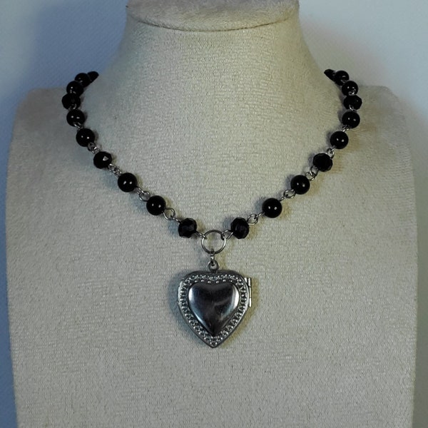 black opening heart locket choker necklace | gothic aesthetic valentines day romantic soft beaded emo alt grunge alternative stainless steel