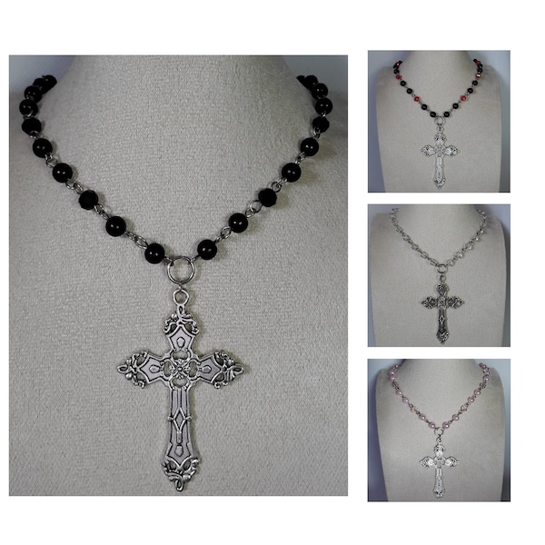 beaded cross crucifix goth gothic choker necklace victorian romantic tradgoth aesthetic jewellery accessories women black red pink pearl