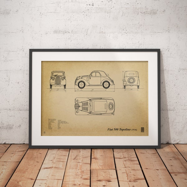 Vintage Fiat 500 Topolino Automotive Decor Vehicle Wall Art Classic Car Blueprint Poster