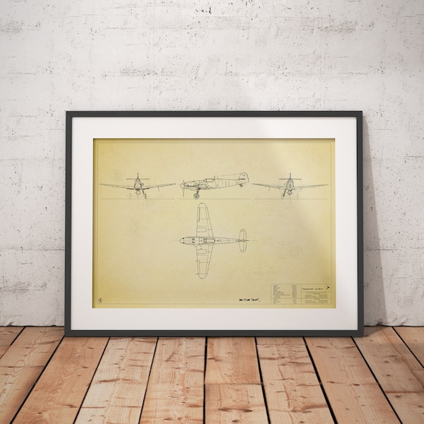 Messerschmitt Wandkunst für Wohnzimmer Bf109 Flugzeug Vintage Print für Messerschmitt Bf 109