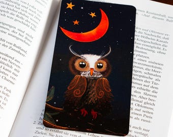 Owl Bookmark: Hand-drawn illustration for bookworms and book lovers – Gift with moon and stars – FSC paper with a glossy effect