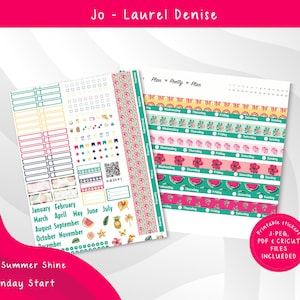 May include: Two planner sticker sheets with a summer theme. One sheet features boxes, flags, and icons. The other sheet has decorative strips with watermelon, hibiscus, and rainbow designs. The text "Hello Summer Shine" and "Monday Start" are visible.