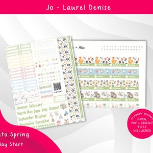 May include: Two sheets of planner stickers with a spring theme. One sheet has boxes and labels, the other has decorative strips with ducks, eggs, and bunnies. The text "Hop into Spring" and "Monday Start" is visible.