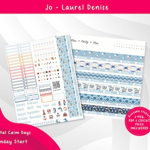 May include: Planner stickers with a coastal theme. The stickers feature blue and white designs with nautical elements like anchors, dolphins, and waves. The text "Coastal Calm Days" and "Monday Start" are visible. Includes printable J-PEG, PDF & Cricut files.