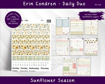 DAILY DUO Sunflower Season - For Erin Condren Planners, Printable Stickers Weekly, DD234