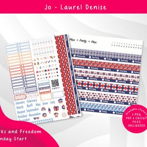 May include: Planner stickers with a patriotic theme. The stickers feature red, white, and blue designs, including stars, fireworks, and stripes. The text "Fireworks and Freedom Monday Start" is visible. Includes printable stickers in J-PEG, PDF & Cricut files.
