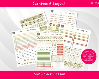 DASHBOARD LAYOUT  Sunflower Season - PRINTABLE Weekly Stickers for Erin Condren Planner, DL234