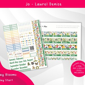 May include: Planner stickers with a floral and botanical theme. The stickers include functional labels, decorative elements, and washi tape designs. The text "May Day Blooms" and months of the year are visible. The stickers are designed for a Monday start.