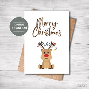 Druckbare Weihnachtskarte, E-card, Digital Download, Niedlich, Lustig, Rentier Karte Für Ihn/Für Sie, 18x15 Karte, PDF Vorlage
