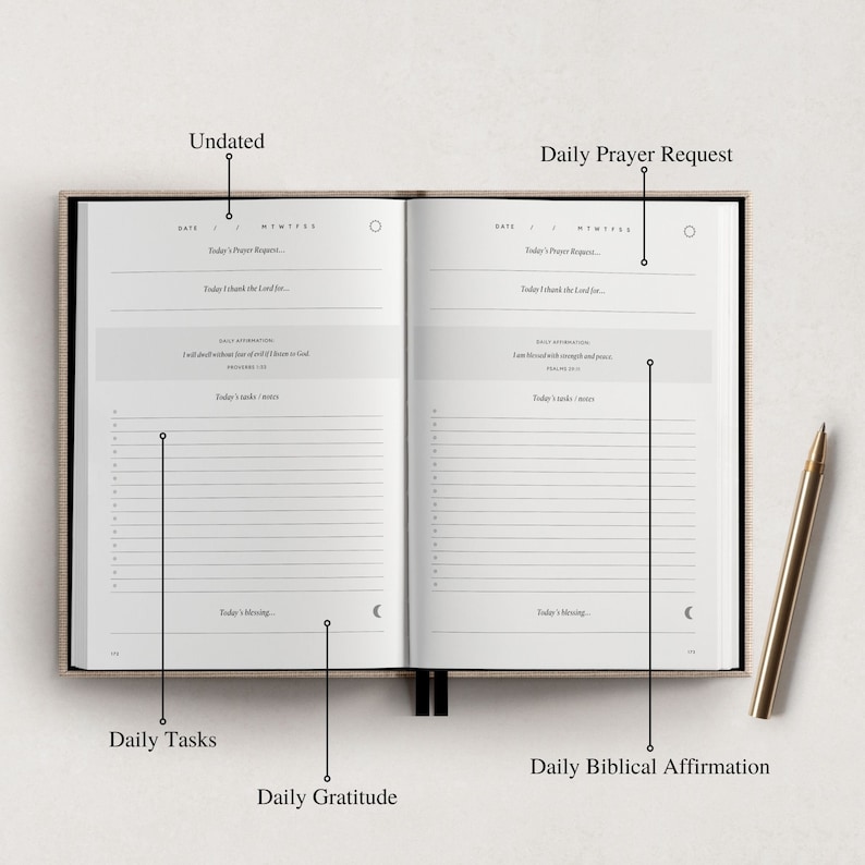 May include: An open journal with a beige cover and black pages. The left page has the heading "Undated" and includes sections for "Today's Prayer Request", "Today I thank the Lord for...", "Daily Affirmation", and "Today's tasks/notes". The right page has the heading "Daily Prayer Request" and includes sections for "Today's Prayer Request", "Today I thank the Lord for...", "Daily Affirmation", and "Today's tasks/notes".