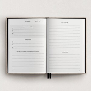 May include: A weekly review and sermon notes journal with a beige cover. The left page has sections for "Five most important tasks this week", "Additional Tasks", and "What can I do to strengthen my relationship with God this week?" The right page has sections for "Weekly Sermon Notes" and "Weekly Reflection".