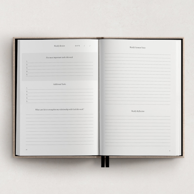 May include: A weekly review and sermon notes journal with a beige cover. The left page has sections for "Five most important tasks this week", "Additional Tasks", and "What can I do to strengthen my relationship with God this week?" The right page has sections for "Weekly Sermon Notes" and "Weekly Reflection".