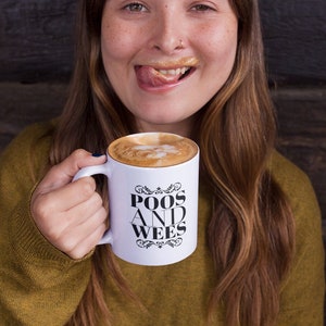 Poos And Wees Coffee mug - poop mug, poop related gifts, poop themed gifts, poo gag gifts, funny poop mug, pooping joke gift, potty humor
