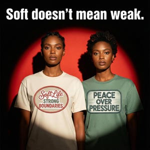 May include: Two women wearing t-shirts with text. The shirt on the left is cream-colored with the words "Soft Life Strong Boundaries" in a red and brown design. The shirt on the right is green with the words "Peace Over Pressure" in a blue and white design. The text "Soft doesn't mean weak" is at the top.